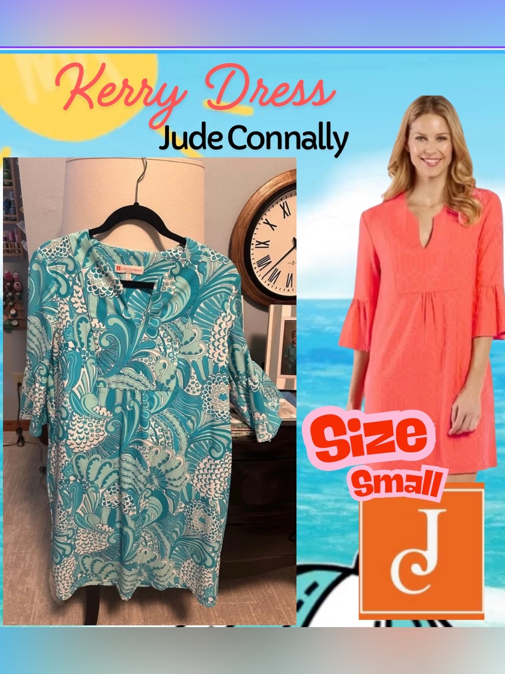 Jude Connally Turquoise & White Floral Print Shift Dress, size small